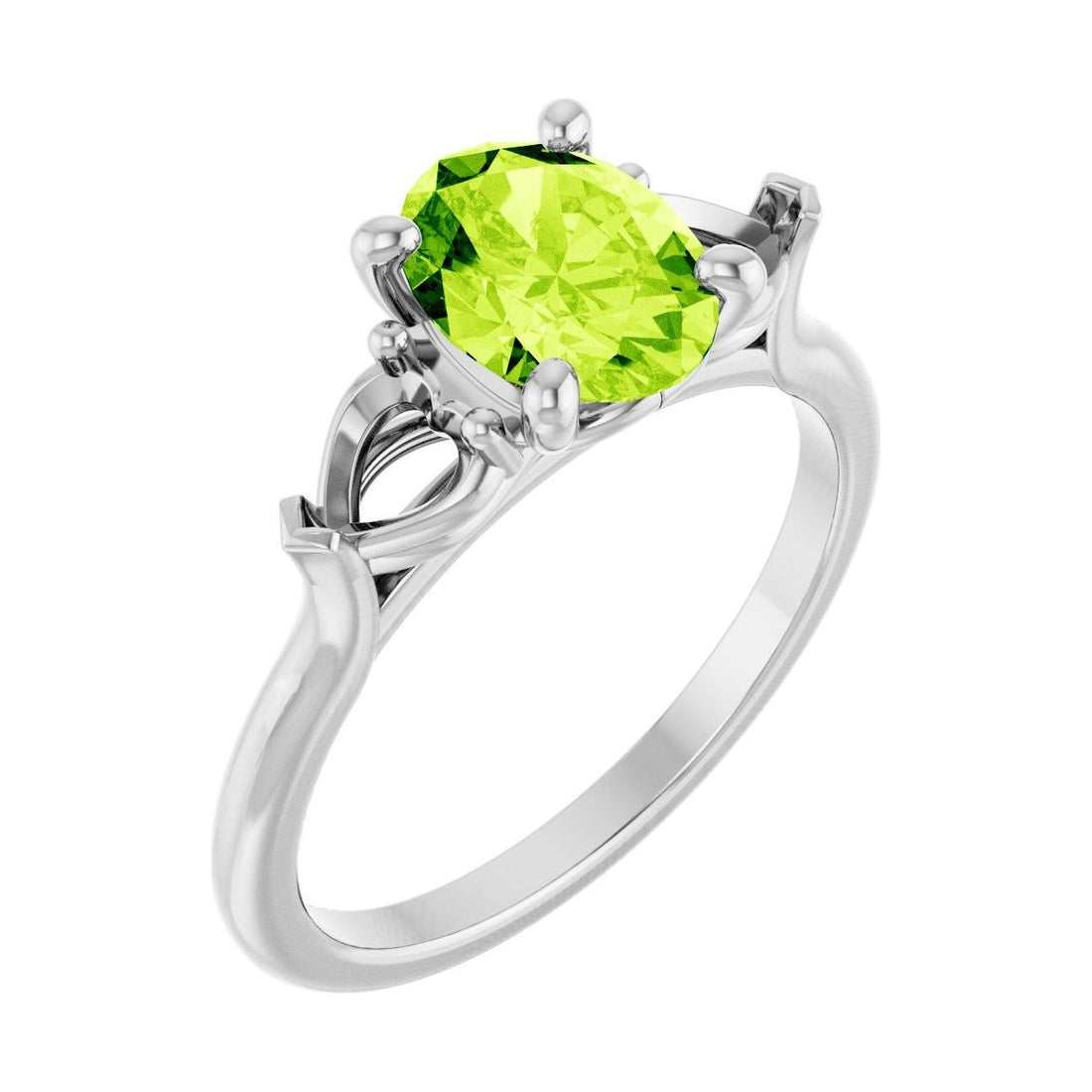 Oval Peridot Three-Stone Engagement Ring in 14K White Gold with 1.5 ct oval diamond