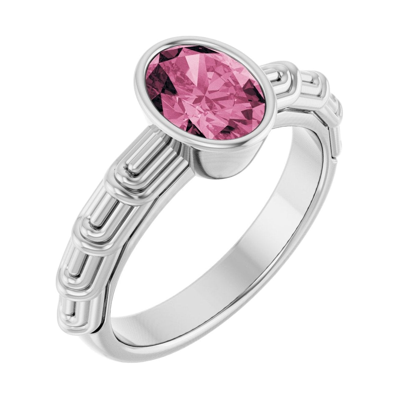 Oval Pink Tourmaline Bezel-Set Engagement Ring in 14K White Gold with 1.5 ct oval diamond
