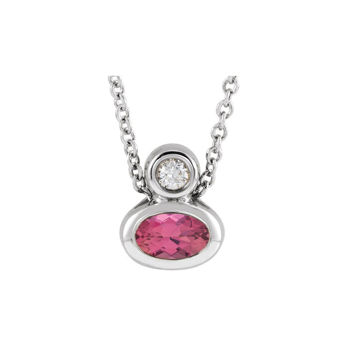 Oval Pink Tourmaline and Diamond Bezel Necklace in 14K White Gold on a 16 to 18 inch adjustable gold cable chain