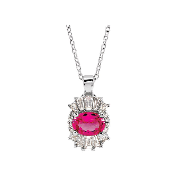 Oval Pink Tourmaline and Diamond Halo Necklace in 14K White Gold on a 16 to 18 inch adjustable gold cable chain