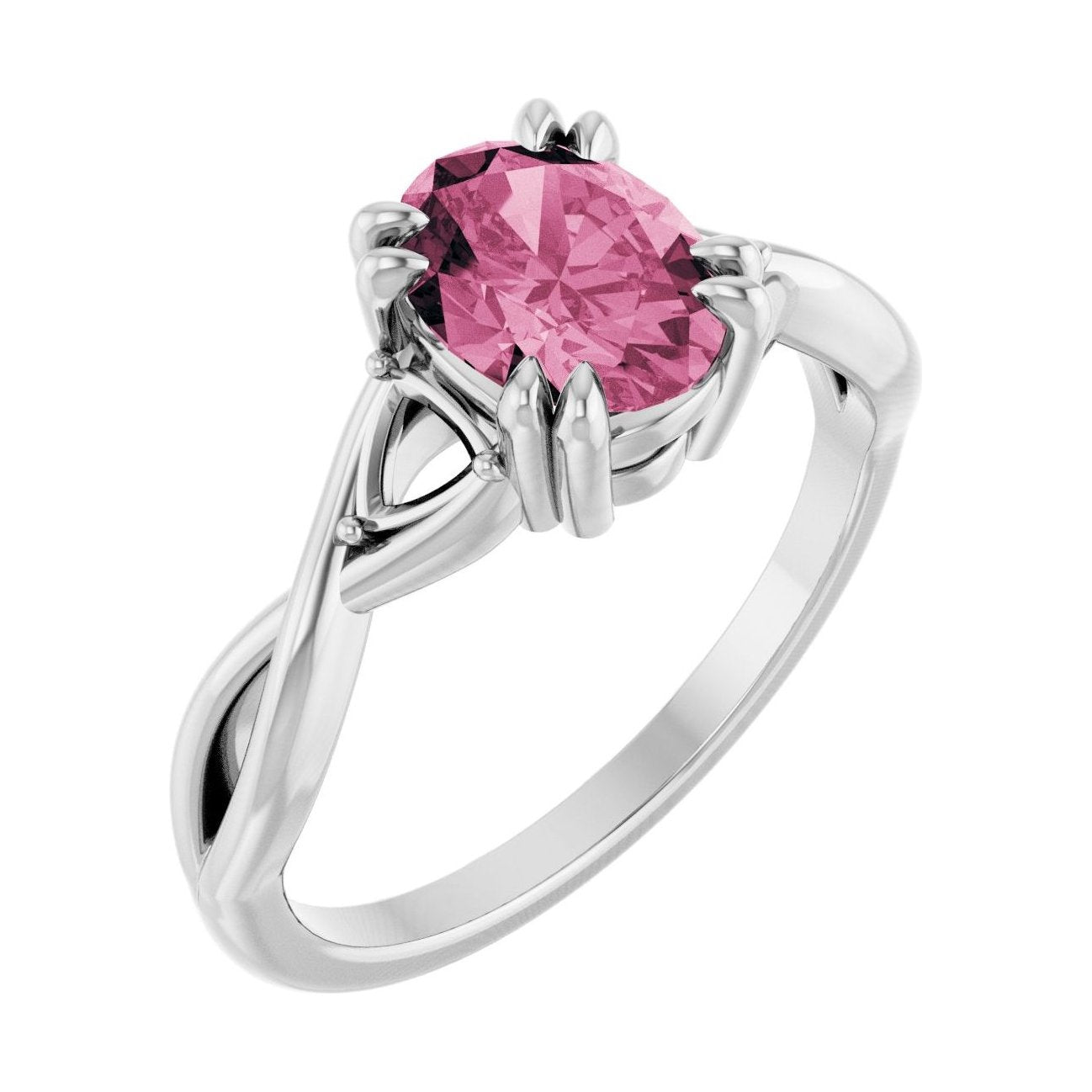 Oval Pink Tourmaline Double Claw-Prong Three-Stone Engagement Ring in 14K White Gold with 1.5 ct oval diamond