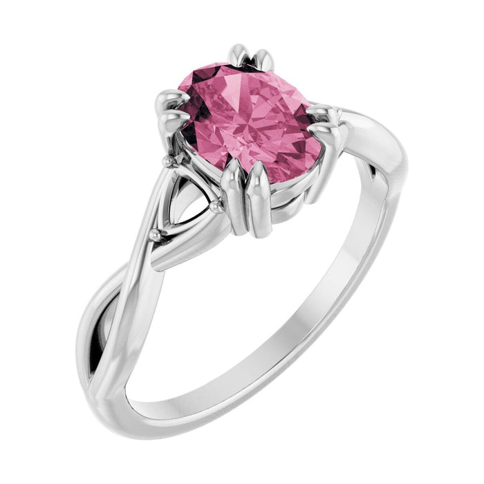 Oval Pink Tourmaline Double Claw-Prong Three-Stone Engagement Ring in 14K White Gold with 1.5 ct oval diamond