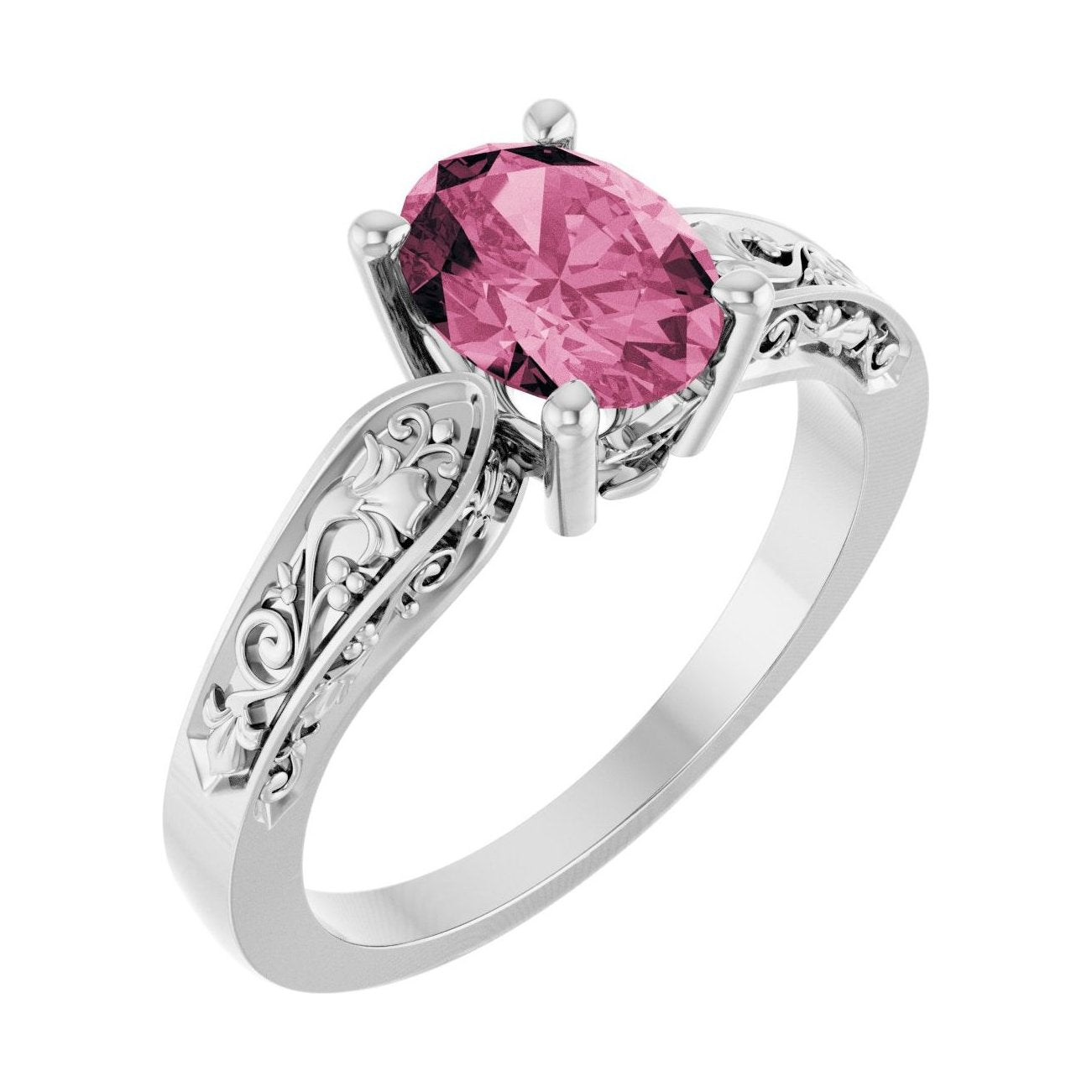 Oval Pink Tourmaline Floral Sculptural Solitaire Engagement Ring in 14K White Gold with 1.5 ct oval diamond
