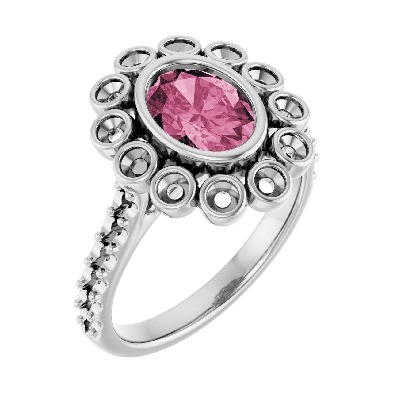 Oval Pink Tourmaline Halo-Accented Bezel-Set Engagement Ring in 14K White Gold with 1.5 ct oval diamond