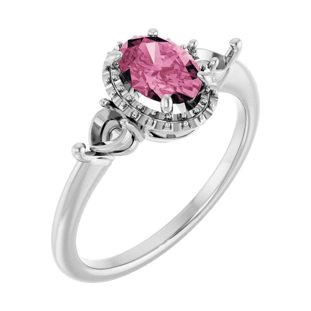 Oval Pink Tourmaline Halo-Accented Three-Stone Engagement Ring in 14K White Gold with 1.0 ct oval diamond