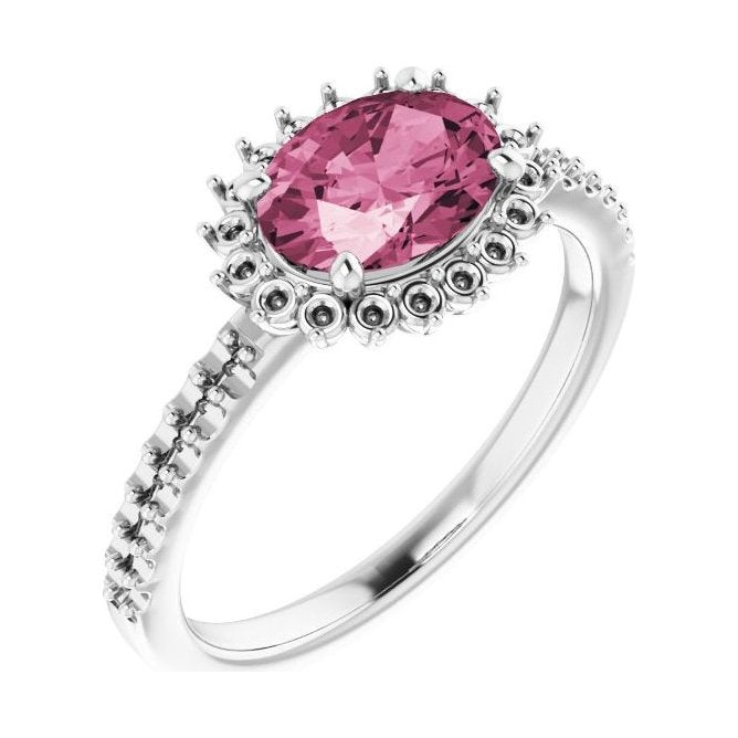Oval Pink Tourmaline Halo Engagement Ring in 14K White Gold with 1.5 ct oval diamond