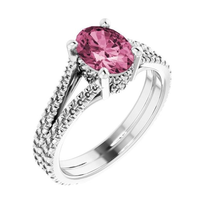Oval Pink Tourmaline Pavé Engagement Ring in 14K White Gold with 1.5 ct oval diamond