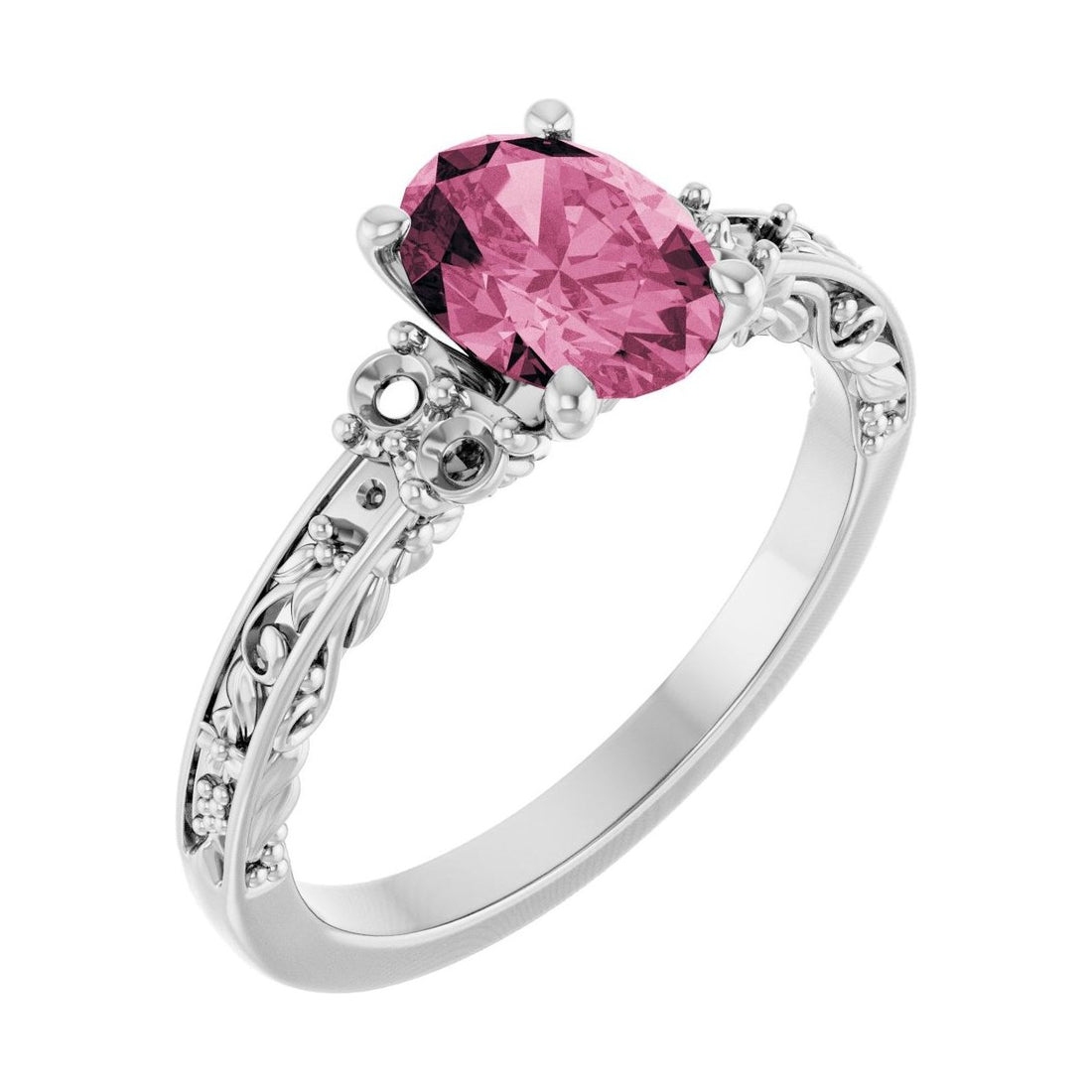Oval Pink Tourmaline Sculptural Pavé Engagement Ring in 14K White Gold with 1.5 ct oval diamond