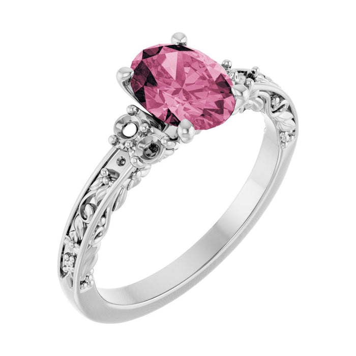 Oval Pink Tourmaline Sculptural Pavé Engagement Ring in 14K White Gold with 1.5 ct oval diamond