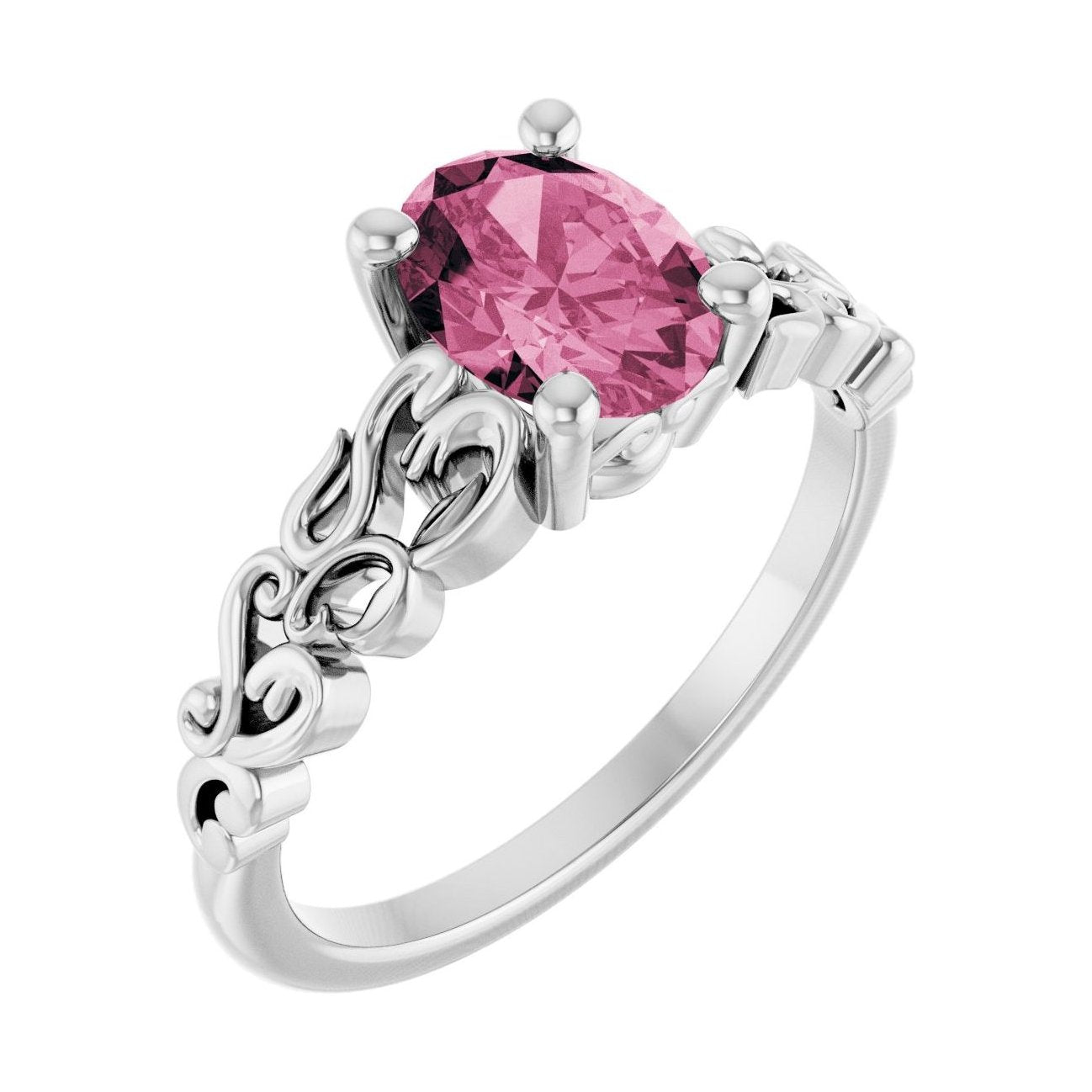 Oval Pink Tourmaline Sculptural Solitaire Engagement Ring in 14K White Gold with 1.5 ct oval diamond