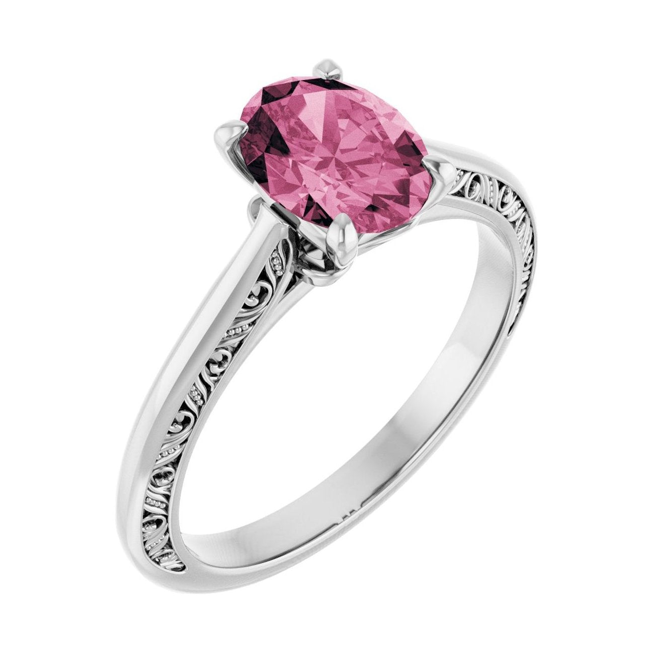 Oval Pink Tourmaline Sculptural Solitaire Engagement Ring in 14K White Gold with 1.5 ct oval diamond