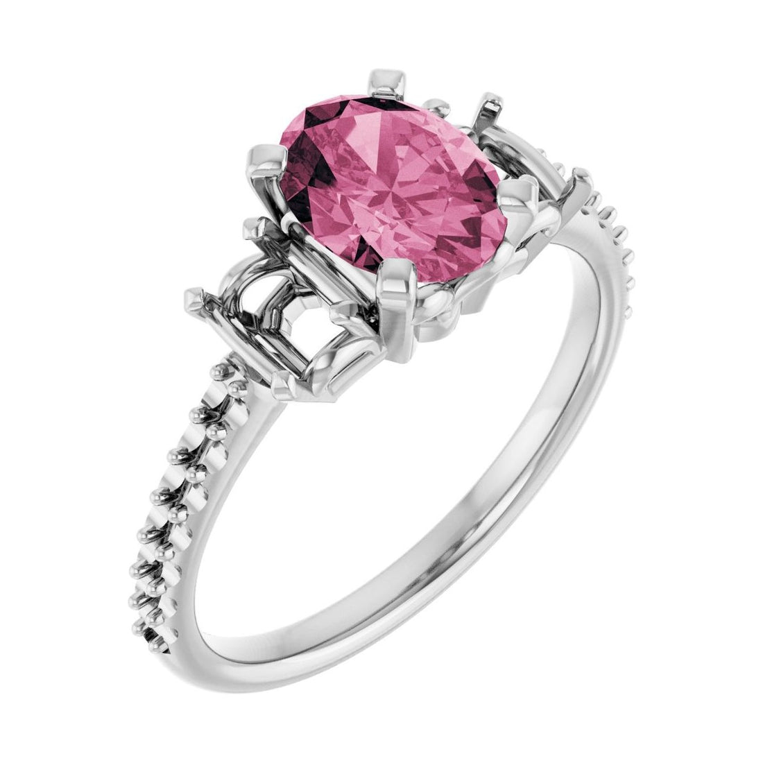 Oval Pink Tourmaline Three-Stone Engagement Ring in 14K White Gold with 1.5 ct oval diamond