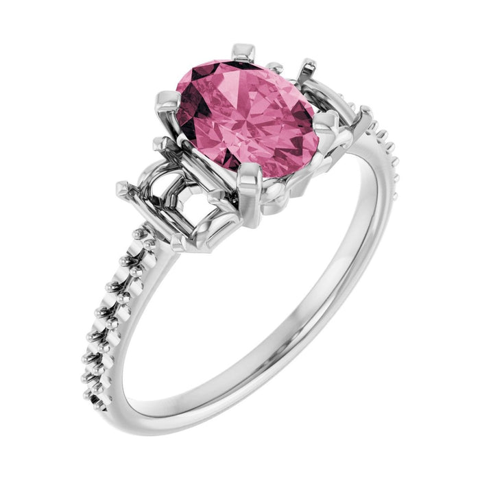 Oval Pink Tourmaline Three-Stone Engagement Ring in 14K White Gold with 1.5 ct oval diamond