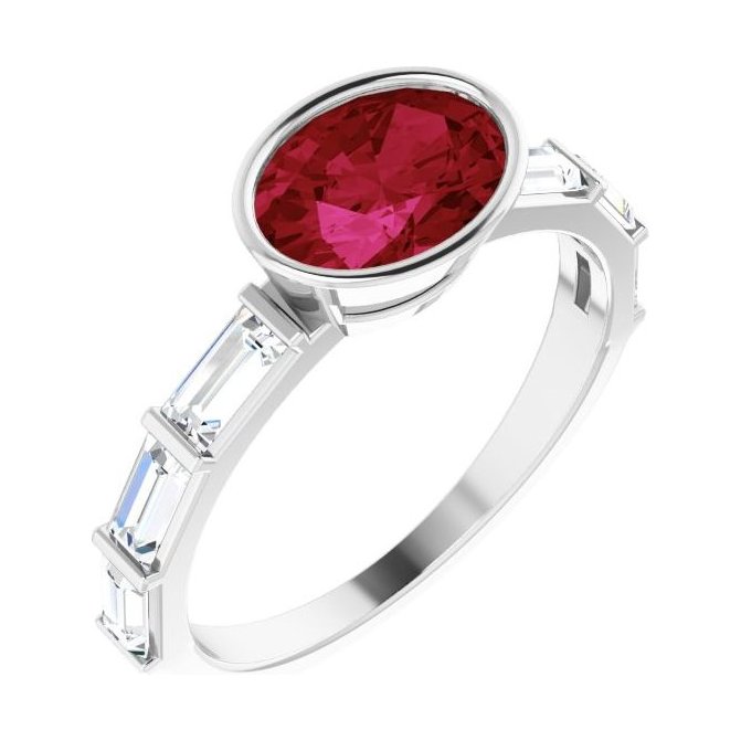 Oval Ruby Bezel-Set Engagement Ring in 14K White Gold with 1.5 ct oval diamond