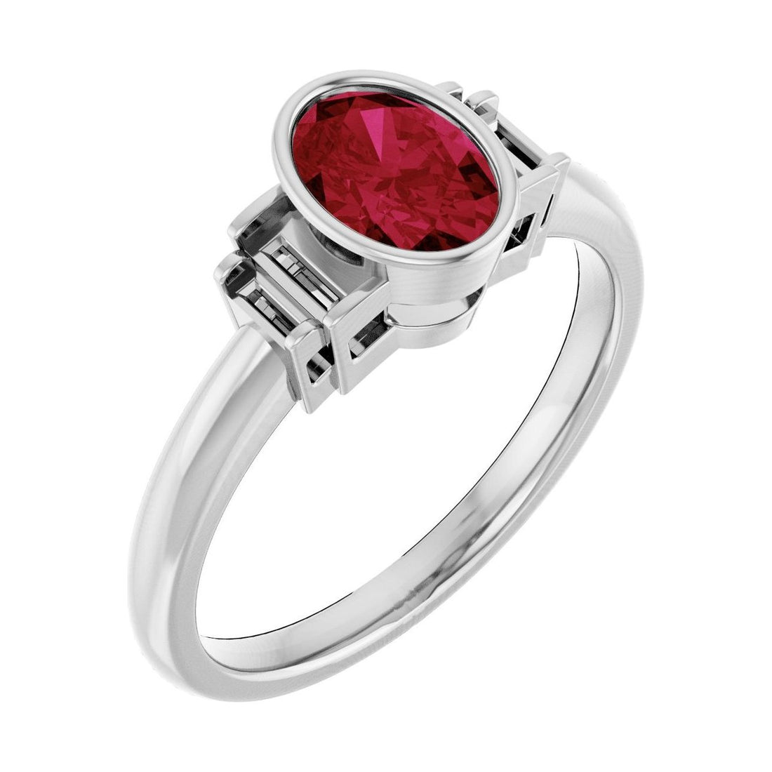 Oval Ruby Bezel-Set Engagement Ring in 14K White Gold with 1.0 ct oval diamond