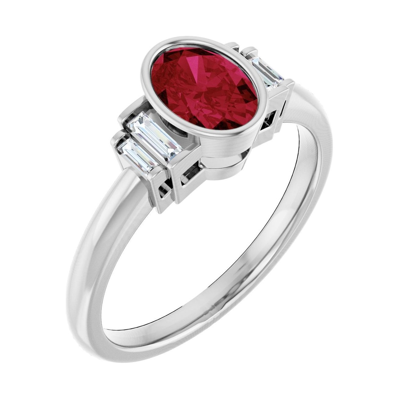 Oval Ruby Bezel-Set Engagement Ring in 14K White Gold with 1.0 ct oval diamond