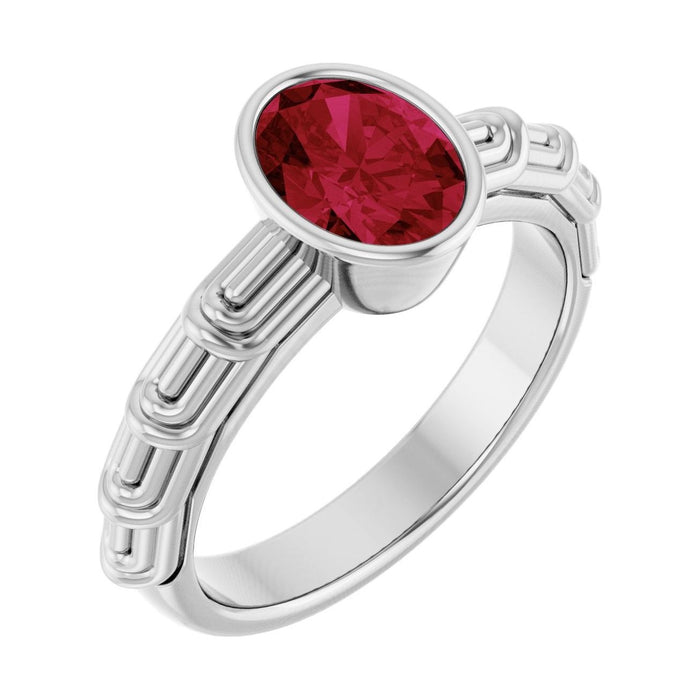 Oval Ruby Bezel-Set Engagement Ring in 14K White Gold with 1.5 ct oval diamond
