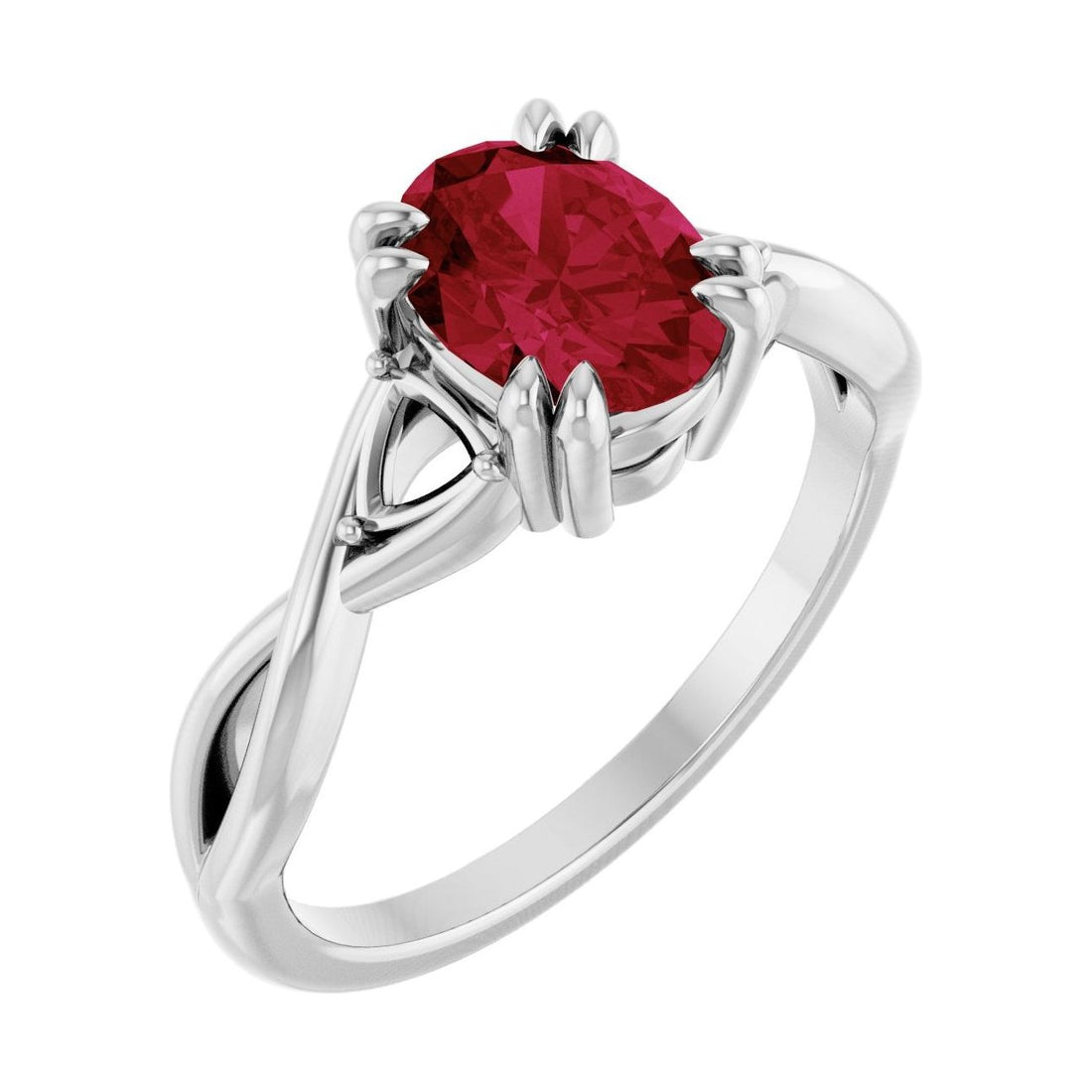 Oval Ruby Double Claw-Prong Three-Stone Engagement Ring in 14K White Gold with 1.5 ct oval diamond