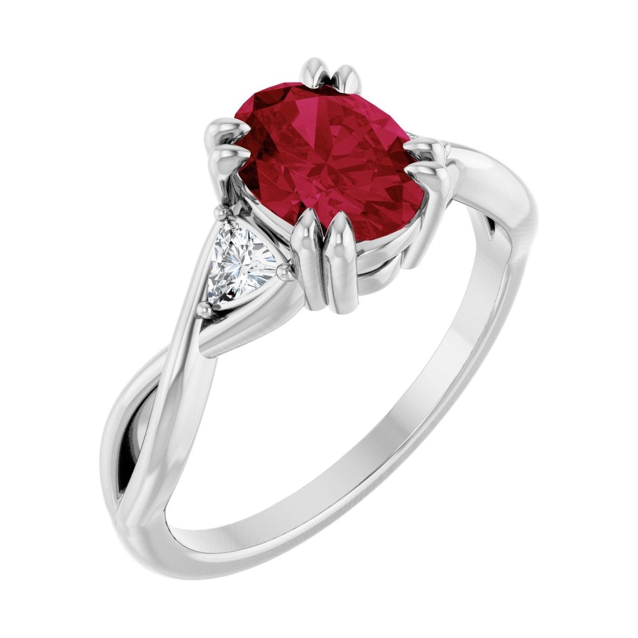 Oval Ruby Double Claw-Prong Three-Stone Engagement Ring in 14K White Gold with 1.5 ct oval diamond