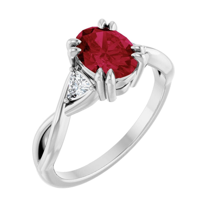 Oval Ruby Double Claw-Prong Three-Stone Engagement Ring in 14K White Gold with 1.5 ct oval diamond
