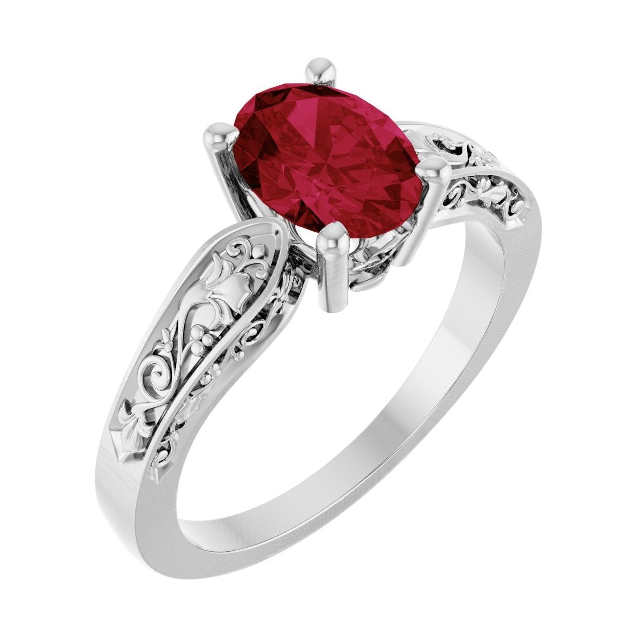 Oval Ruby Floral Sculptural Solitaire Engagement Ring in 14K White Gold with 1.5 ct oval diamond