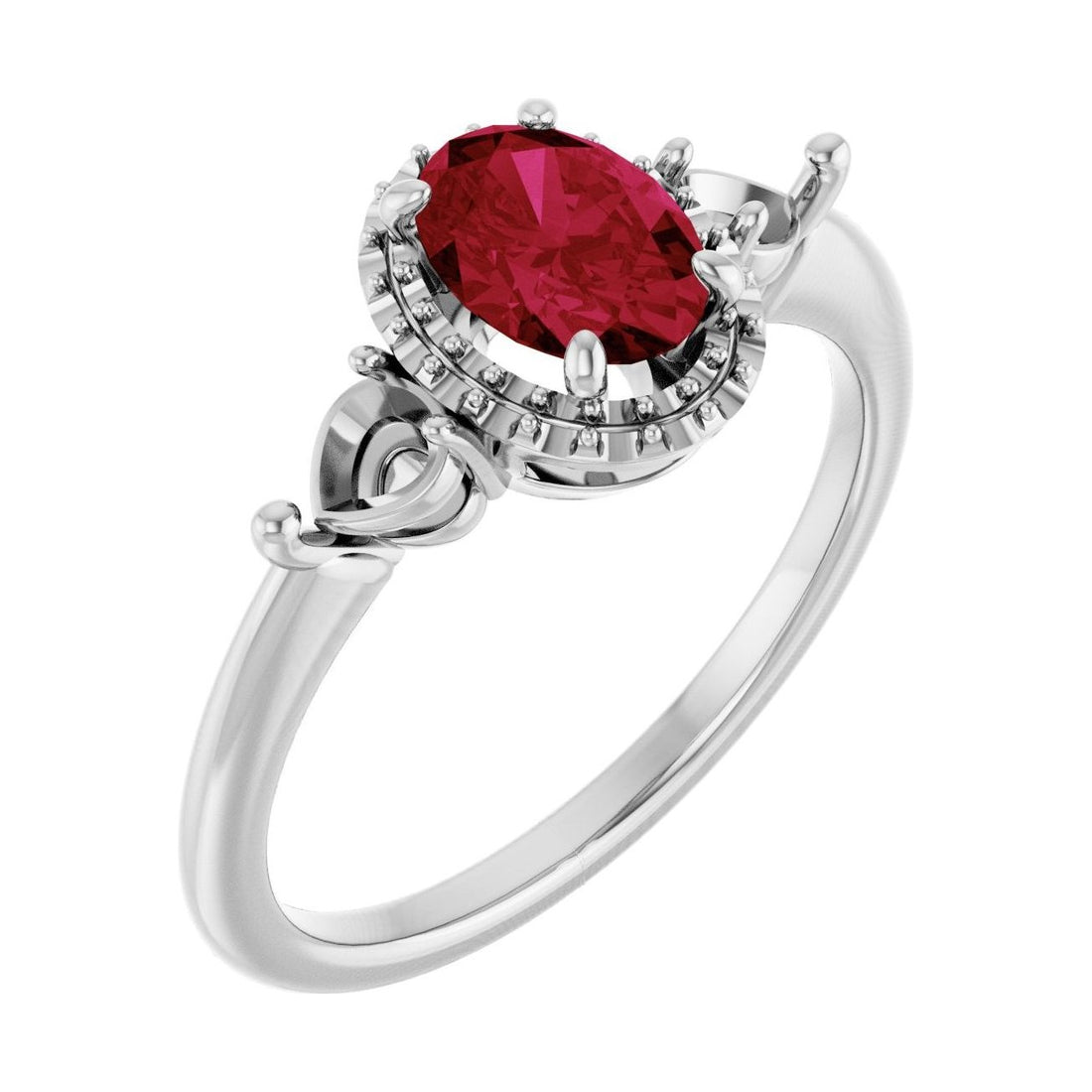 Oval Ruby Halo-Accented Three-Stone Engagement Ring in 14K White Gold with 1.0 ct oval diamond