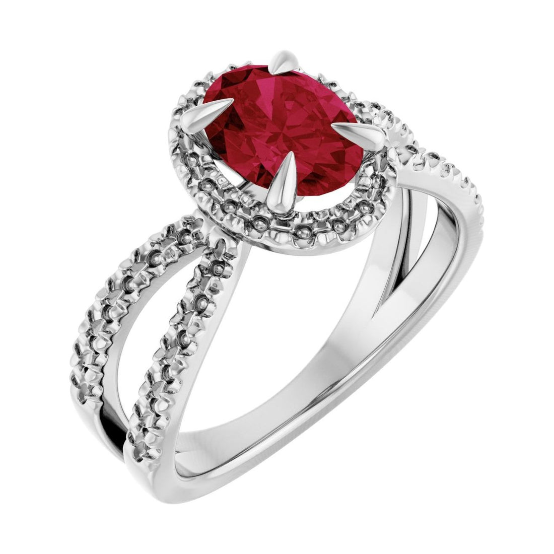 Oval Ruby Halo Engagement Ring in 14K White Gold with 1.5 ct oval diamond