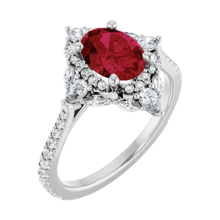 Oval Ruby Halo Engagement Ring in 14K White Gold with 1.5 ct oval diamond