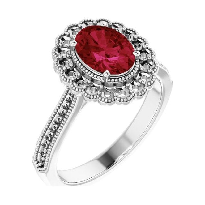 Oval Ruby Halo Engagement Ring in 14K White Gold with 1.5 ct oval diamond