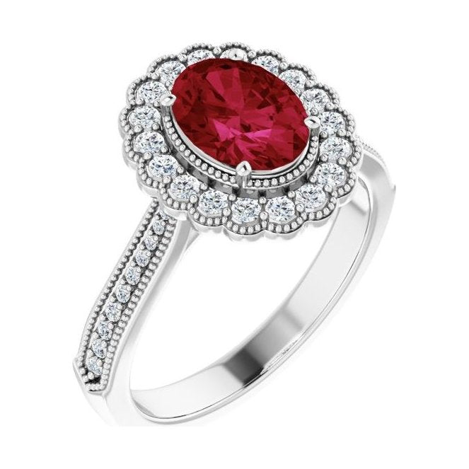 Oval Ruby Halo Engagement Ring in 14K White Gold with 1.5 ct oval diamond