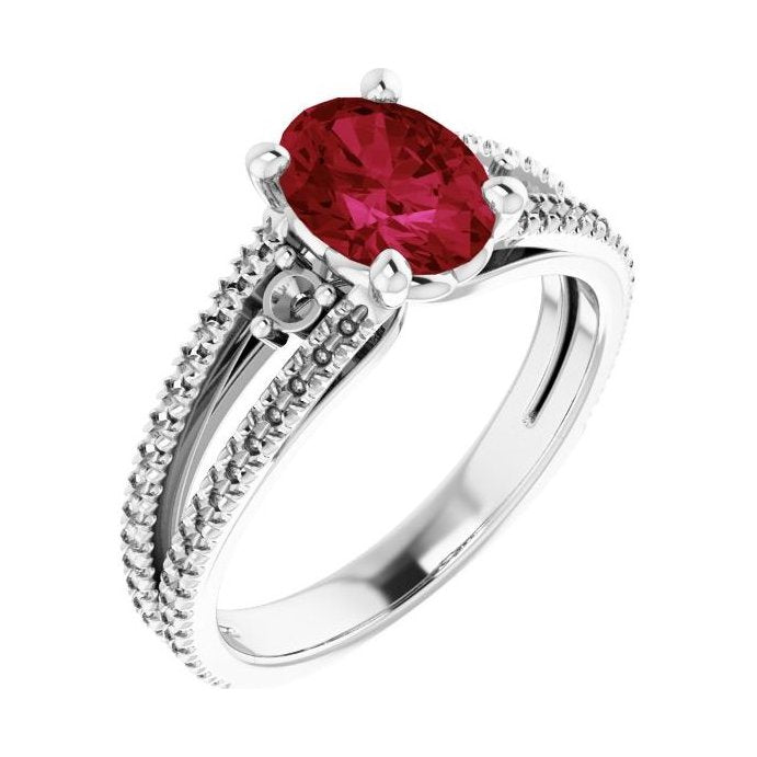 Oval Ruby Pavé Engagement Ring in 14K White Gold with 1.5 ct oval diamond