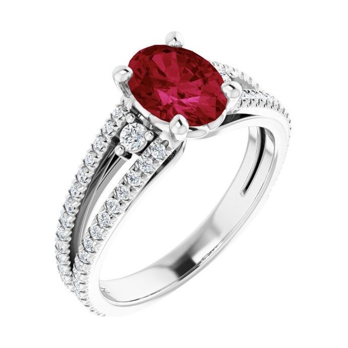 Oval Ruby Pavé Engagement Ring in 14K White Gold with 1.5 ct oval diamond