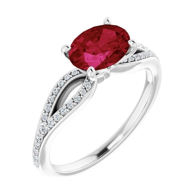 Oval Ruby Pavé Engagement Ring in 14K White Gold with 1.5 ct oval diamond