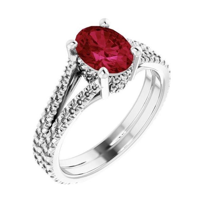 Oval Ruby Pavé Engagement Ring in 14K White Gold with 1.5 ct oval diamond
