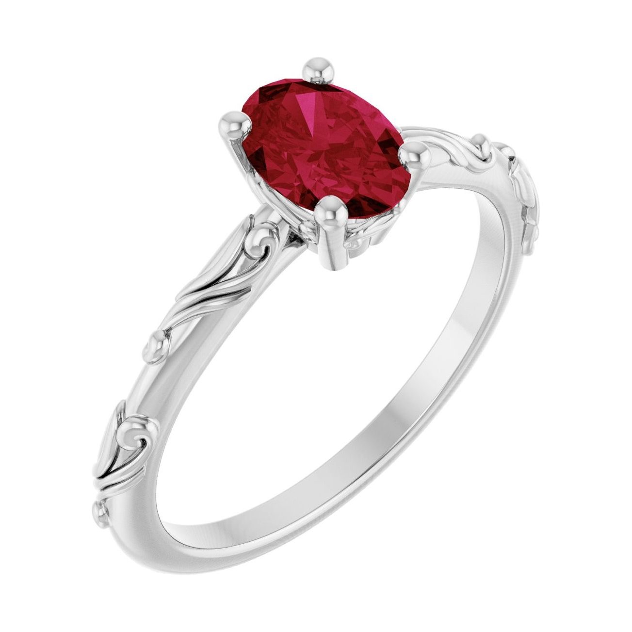 Oval Ruby Scroll Sculptural Solitaire Engagement Ring in 14K White Gold with 1.0 ct oval diamond