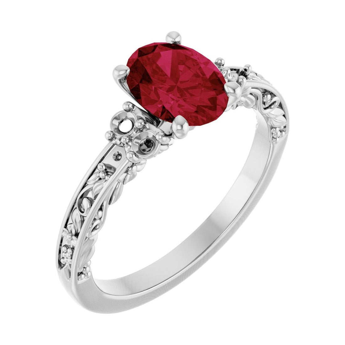Oval Ruby Sculptural Pavé Engagement Ring in 14K White Gold with 1.5 ct oval diamond
