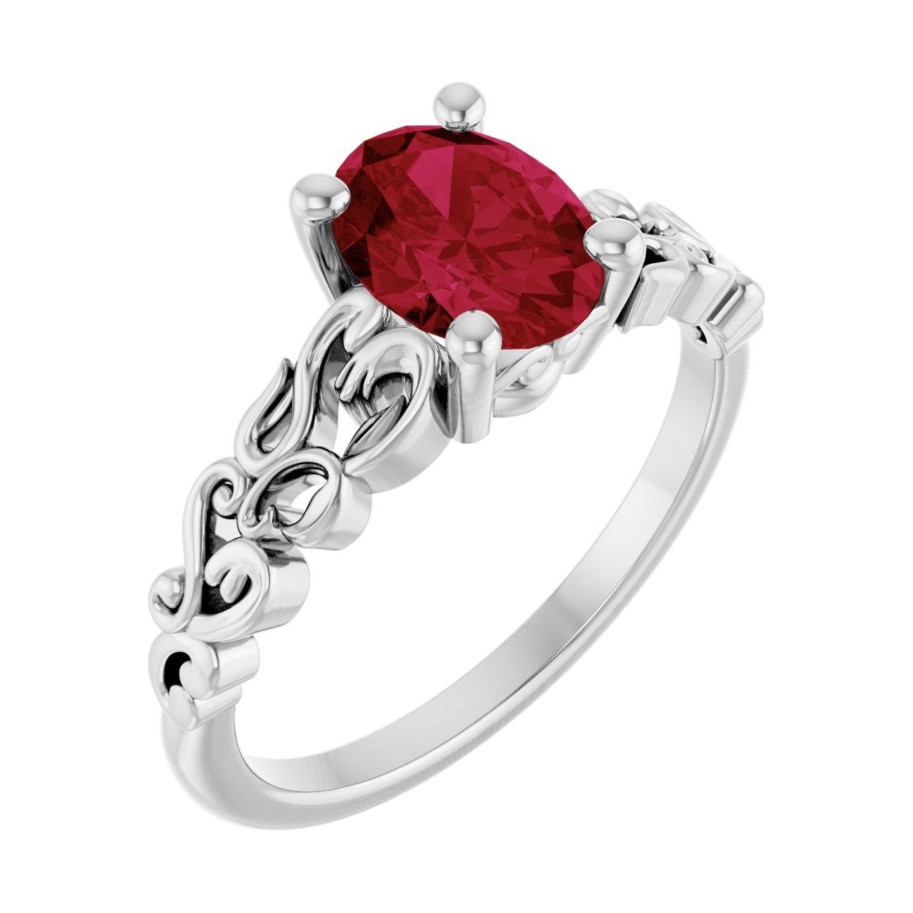 Oval Ruby Sculptural Solitaire Engagement Ring in 14K White Gold with 1.5 ct oval diamond