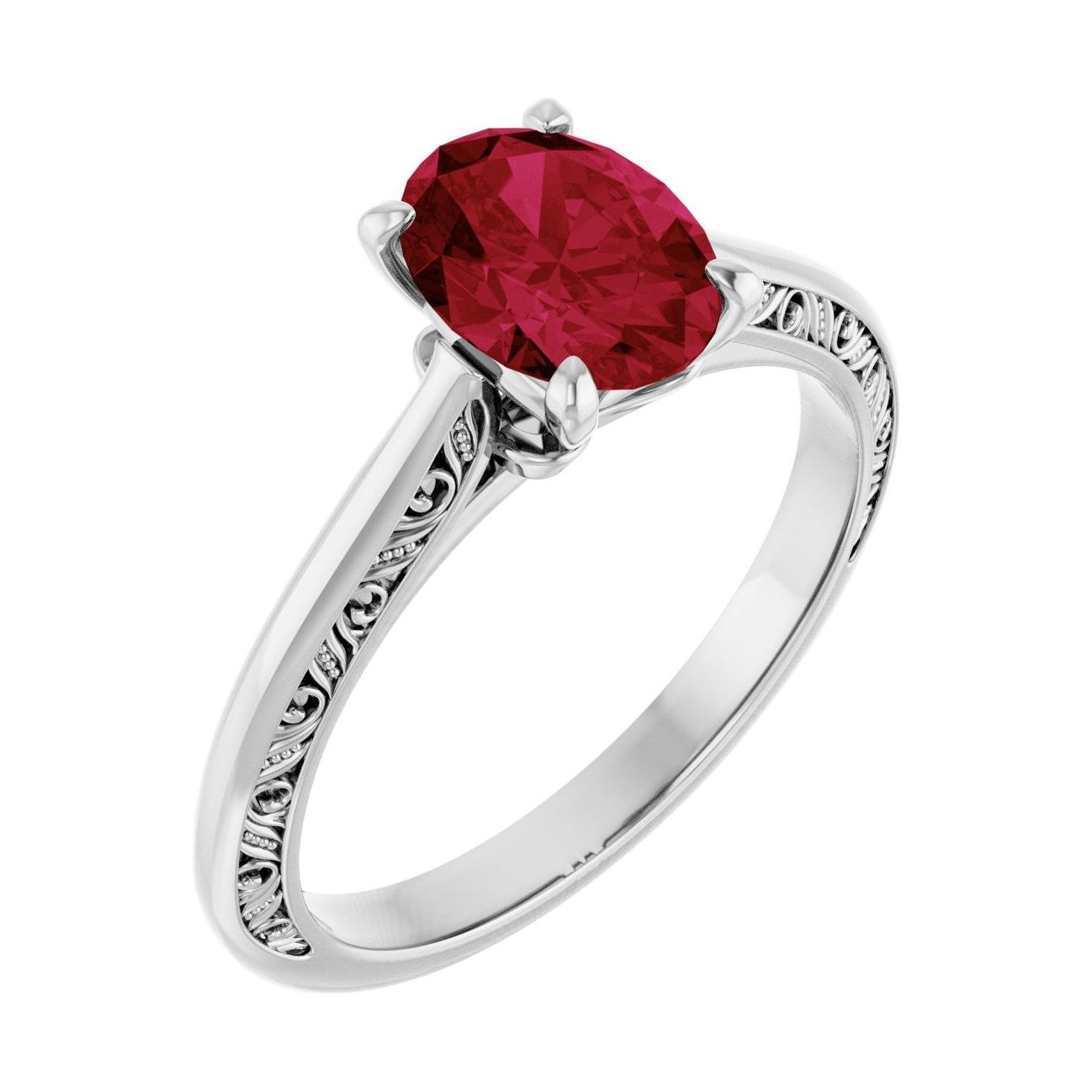 Oval Ruby Sculptural Solitaire Engagement Ring in 14K White Gold with 1.5 ct oval diamond