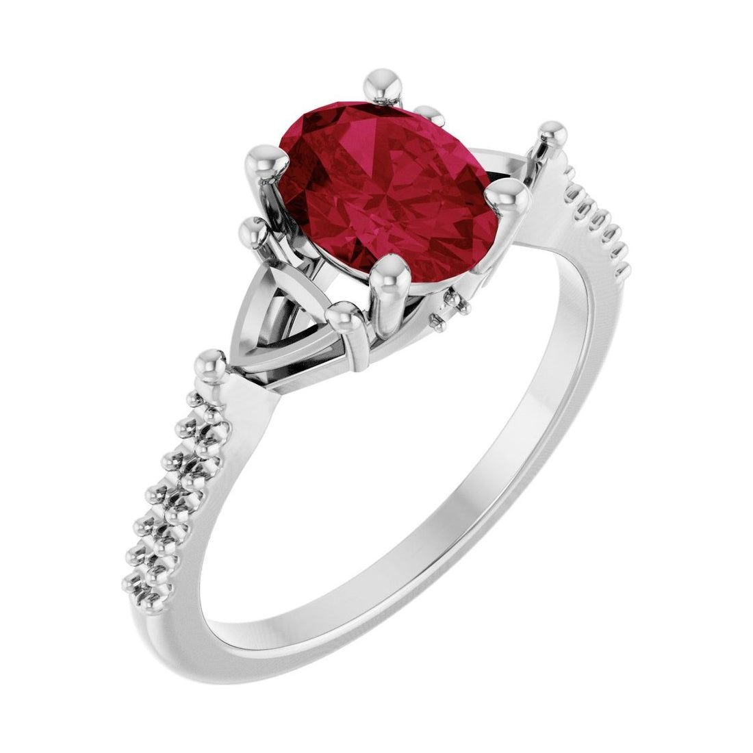 Oval Ruby Three-Stone Engagement Ring in 14K White Gold with 1.5 ct oval diamond