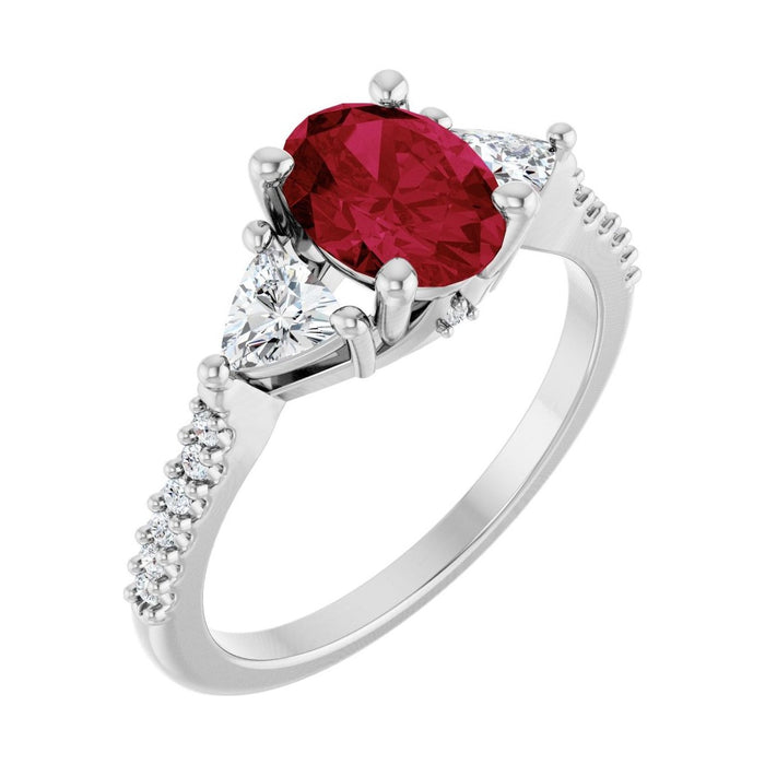 Oval Ruby Three-Stone Engagement Ring in 14K White Gold with 1.5 ct oval diamond
