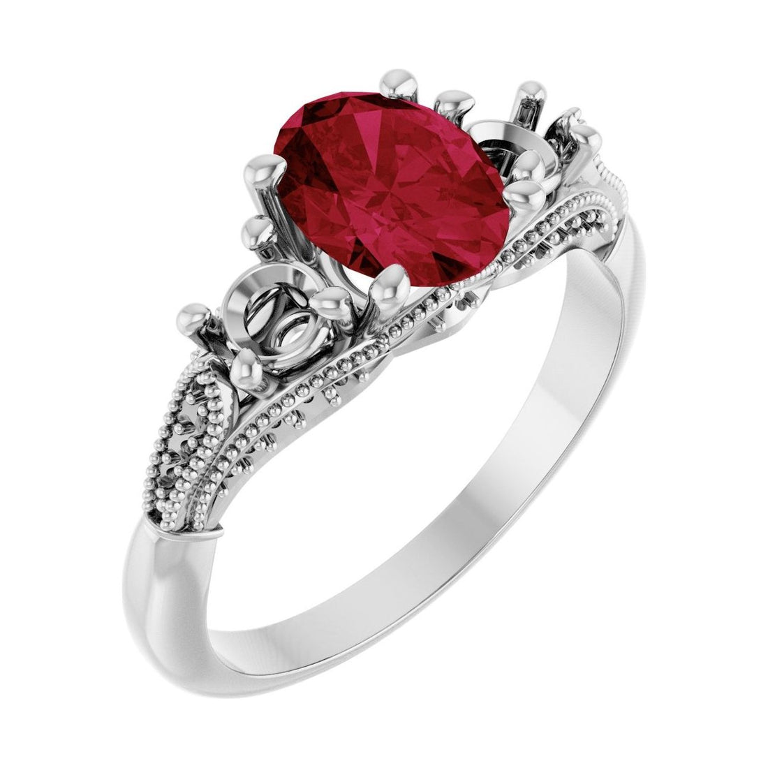 Oval Ruby Three-Stone Engagement Ring in 14K White Gold with 1.5 ct oval diamond