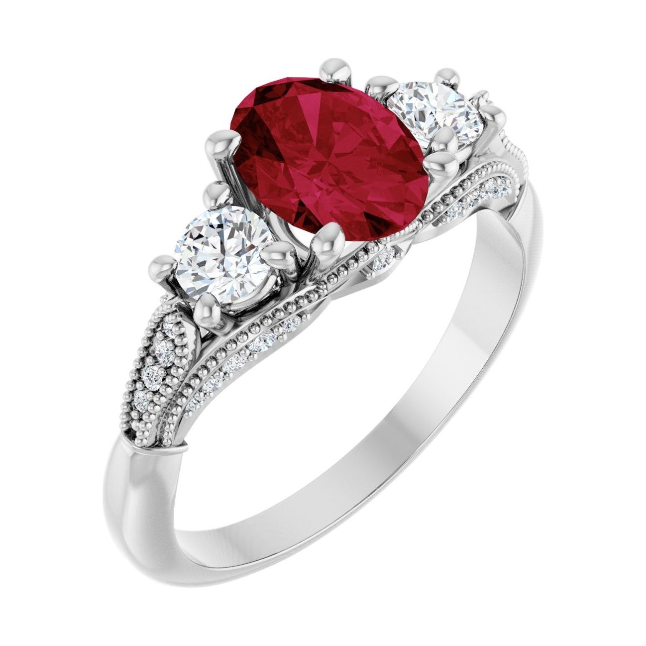 Oval Ruby Three-Stone Engagement Ring in 14K White Gold with 1.5 ct oval diamond