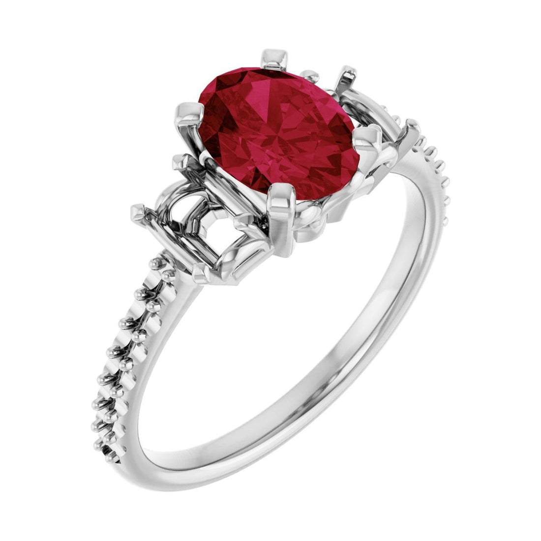 Oval Ruby Three-Stone Engagement Ring in 14K White Gold with 1.5 ct oval diamond