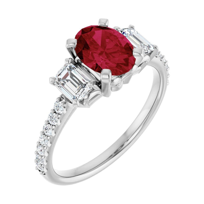 Oval Ruby Three-Stone Engagement Ring in 14K White Gold with 1.5 ct oval diamond