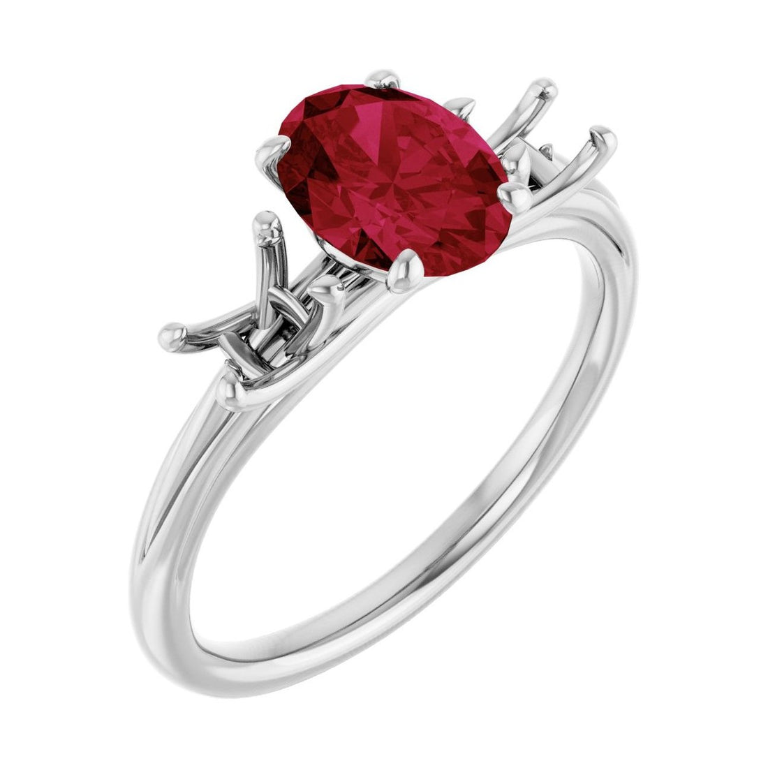 Oval Ruby Three-Stone Engagement Ring in 14K White Gold with 1.5 ct oval diamond