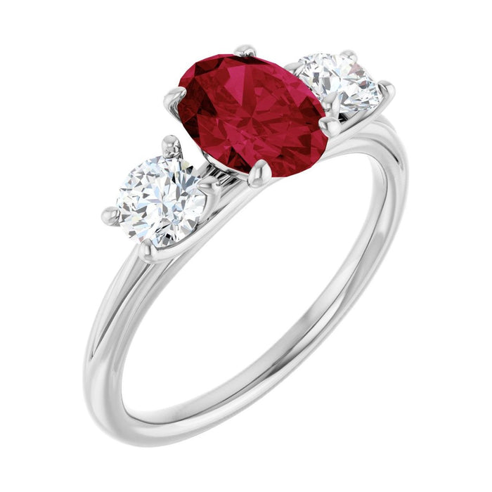 Oval Ruby Three-Stone Engagement Ring in 14K White Gold with 1.5 ct oval diamond