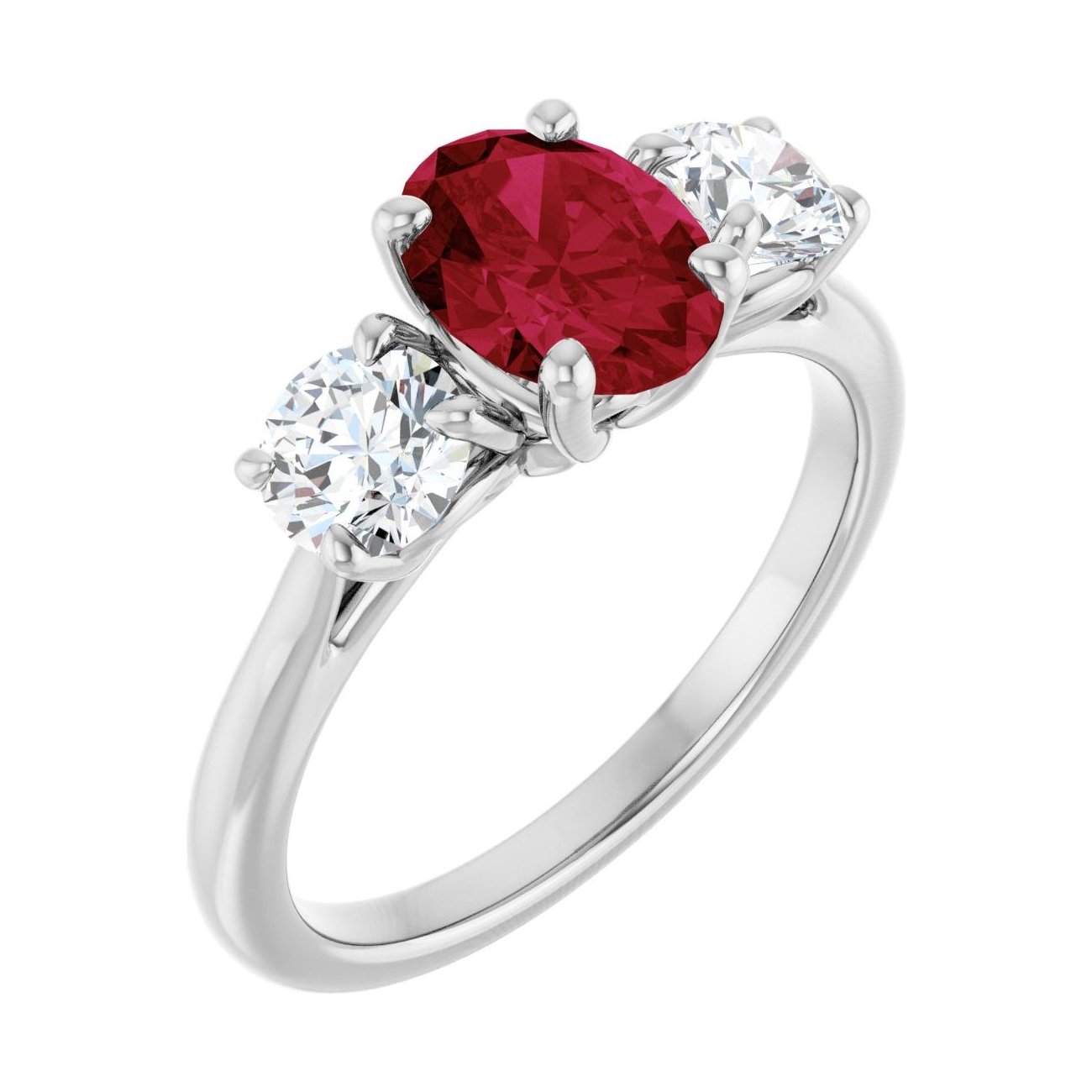 Oval Ruby Three-Stone Engagement Ring in 14K White Gold with 1.5 ct oval diamond