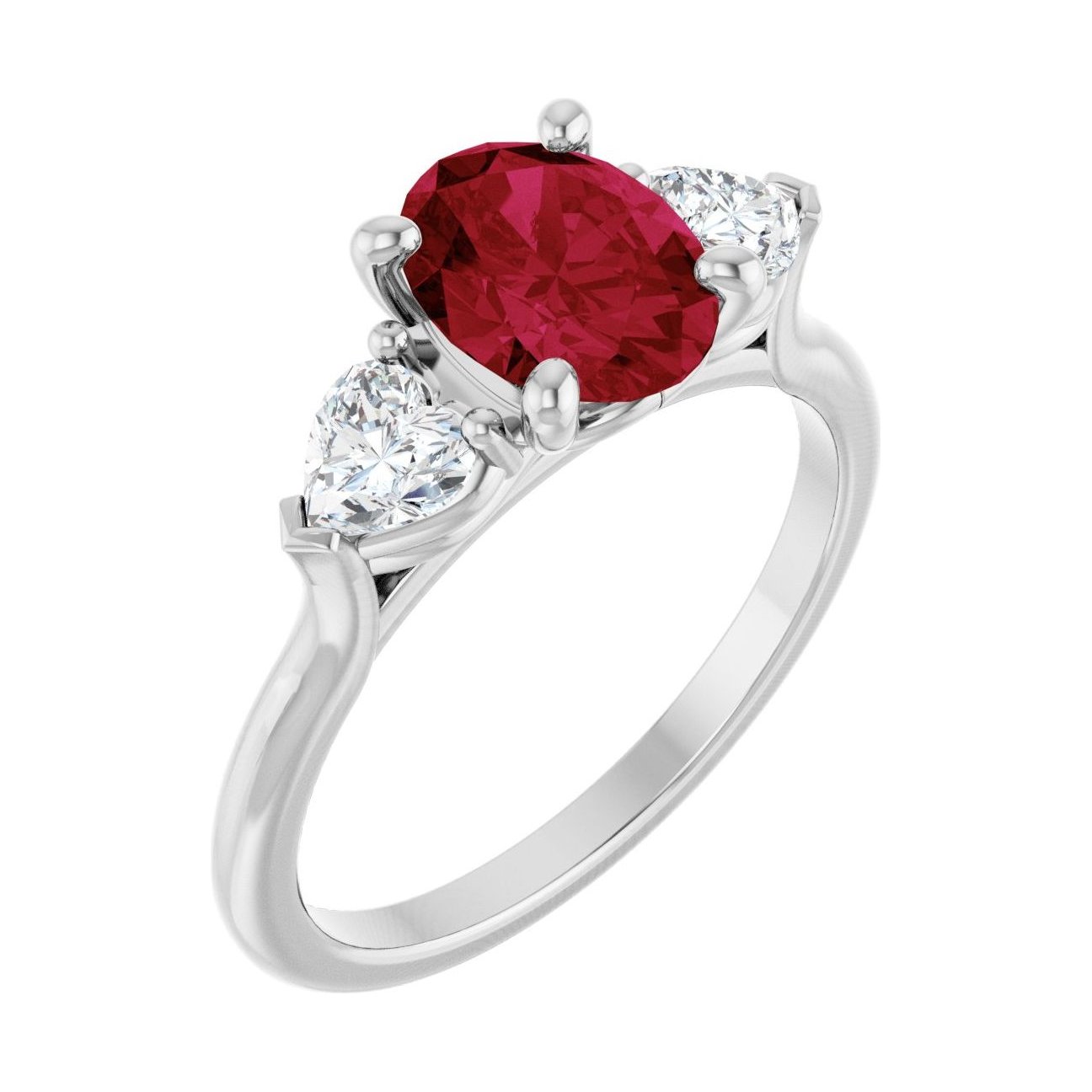 Oval Ruby Three-Stone Engagement Ring in 14K White Gold with 1.5 ct oval diamond