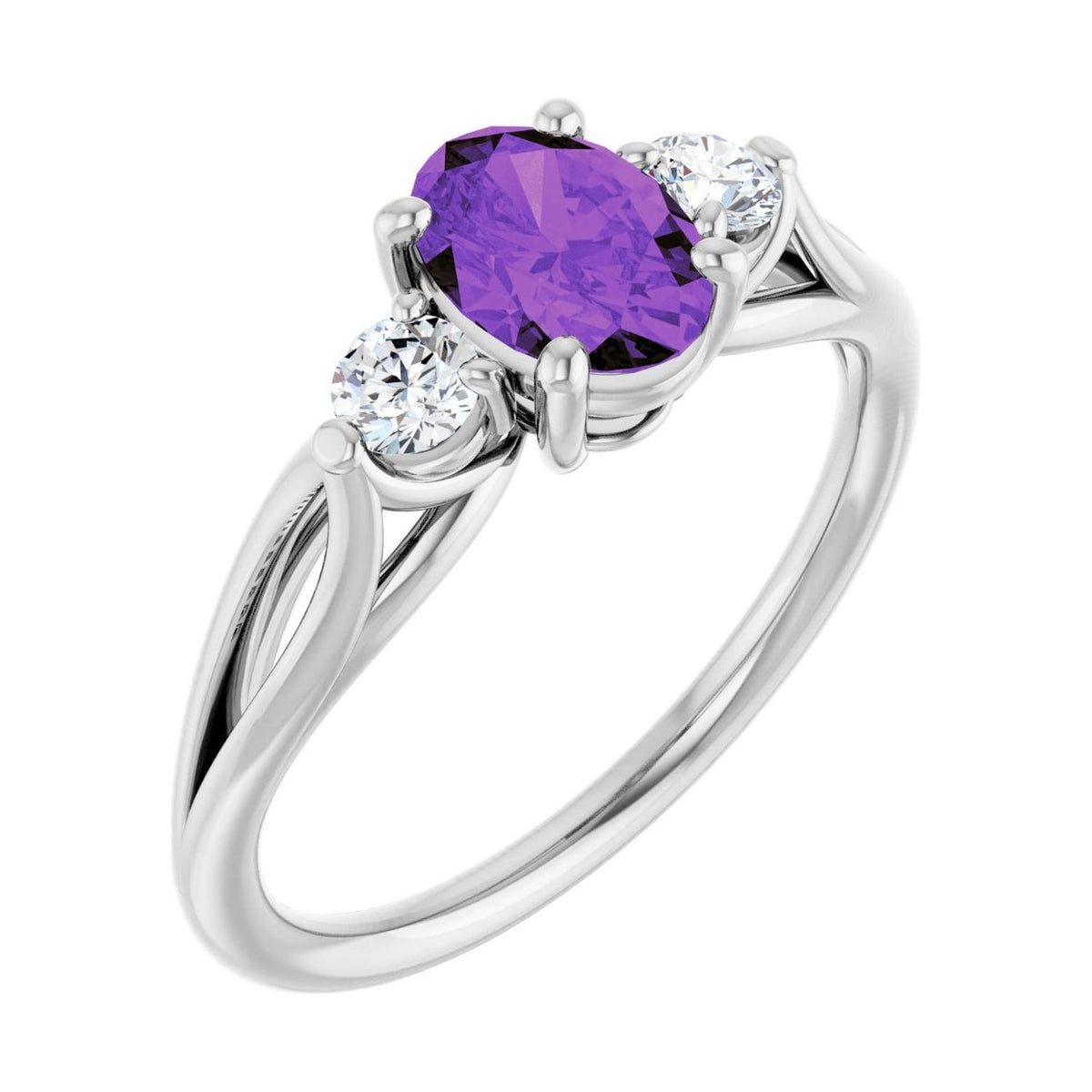 oval sculptural three-stone birthstone ring amethyst white gold