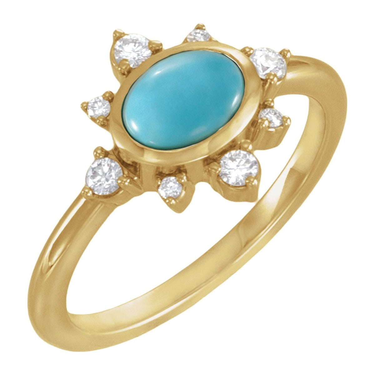 Oval Sunburst Turquoise Ring with Diamonds in 14K Yellow Gold